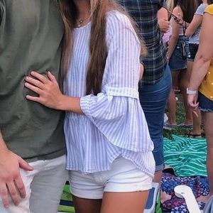 Blue and white striped frill shirt
